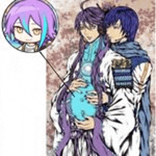 a couple of anime characters standing next to each other holding a pregnant woman .