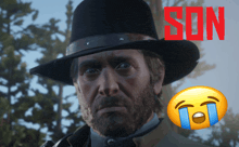 a man in a cowboy hat is next to a crying face and the word son in red