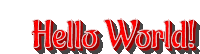 the word hello world is written in red letters on a white background