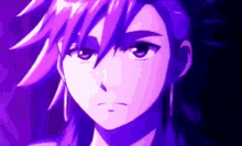 a close up of a purple haired anime character 's face