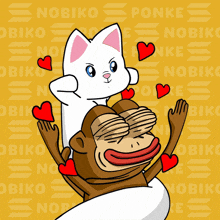 a cat is holding a monkey 's head with hearts surrounding them and the word no biko is on a yellow background