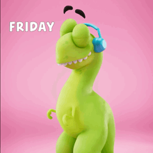 a cartoon dinosaur wearing headphones and the word friday on the bottom
