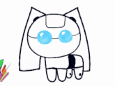 a cartoon drawing of a robot with blue eyes surrounded by colorful sticks