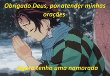 a cartoon of a man praying with the caption obrigado deus por atender minhas orações