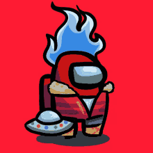 a red among us character with flames on his head holding a ufo