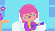 a girl with pink hair is playing a guitar while a cat watches