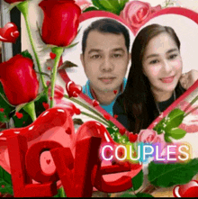 a man and a woman are surrounded by red roses and a heart with the word couples written on it