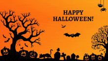 a happy halloween greeting card with a tree bats and pumpkins