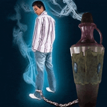 a man is chained to a bottle with smoke behind him