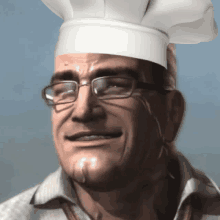 a man wearing glasses and a chef hat is smiling