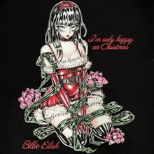 a girl in a santa suit is tied up with ribbons and flowers .