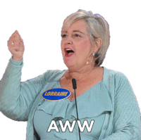 a woman wearing a name tag that says lorraine