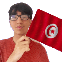 a man wearing glasses is holding a red flag with a white star in the center