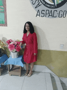 a woman in a red dress stands in front of a wall that says aspac-go