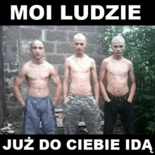 three men without shirts are standing next to each other with the caption moi ludzie