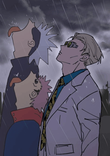 a drawing of a man in a suit and tie in the rain