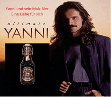 a man with long hair is standing next to a bottle of yanni malt