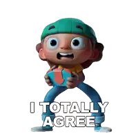 a cartoon character says i totally agree while holding a gift box
