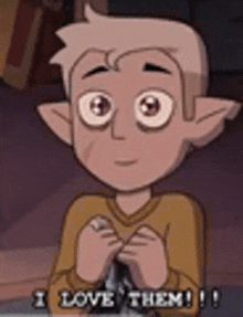 a cartoon boy with big eyes and ears is sitting down and saying `` i love them '' .