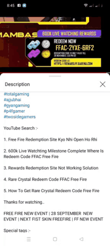 a screenshot of a youtube search for free fire redemption site kyo nhi open ho rhi