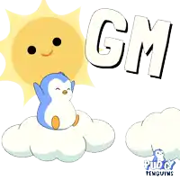 a penguin is sitting on a cloud with the word gm behind it