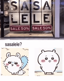 a sale sign for sasa lele with a drawing of a bear below it