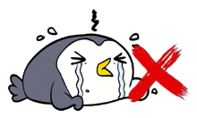 a cartoon of a penguin crying with a red cross in front of it .