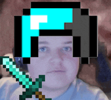 a pixelated image of a man with a sword and the letter f on his head