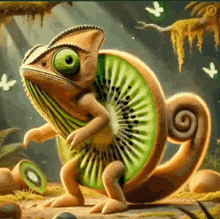 a chameleon with a slice of kiwi on its back