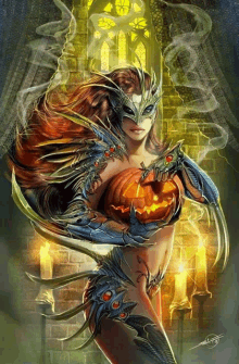 a woman in a mask is holding a pumpkin with candles in the background