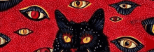 a black cat is surrounded by many eyes on a red background .