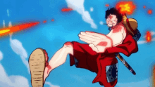 luffy from one piece is flying through the air while holding a sword .