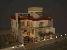 a 3d model of a house with a red roof and a balcony at night .