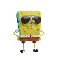 spongebob wearing sunglasses and a red tie stands with his hands on his hips
