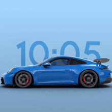 a blue sports car is sitting in front of a blue background with the time 10:05 on it