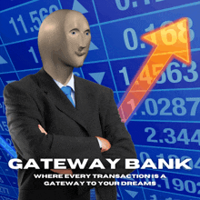 a man in a suit is standing in front of a gateway bank sign