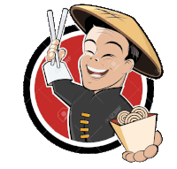 a cartoon illustration of a chinese man holding chopsticks and a box of noodles