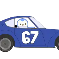 a blue race car with the number 67 on the side of it