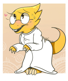 a drawing of a yellow lizard wearing glasses and a white robe