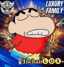 a cartoon character with the words luxury family on the bottom