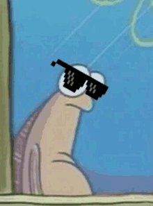 a cartoon snail wearing sunglasses is looking out of a window