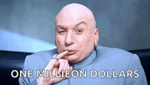 a bald man with a ring on his finger and the words one million dollars behind him