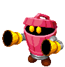 a pixel art drawing of a pink trash can robot with yellow eyes and arms .