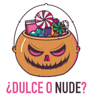 an illustration of a pumpkin with candy in it and the words dulce o nude below it