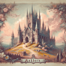 a painting of a castle with the word ashborn on the bottom