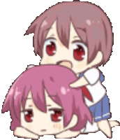 a boy is piggybacking a girl with pink hair on the floor .