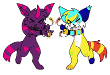 a cartoon drawing of a purple cat and a blue and yellow cat