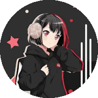 a girl with red eyes is wearing ear muffs and a black jacket