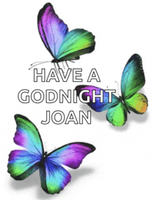 a greeting card that says have a goodnight joan with three colorful butterflies