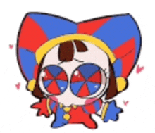 a cartoon drawing of a jester wearing a red , blue and yellow hat and sunglasses .